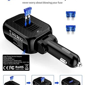 SUPERONE 180W Cigarette Lighter Splitter with 20W PD, 2-Socket Cigarette Lighter Adapter, Fast USB C Car Charger with Type-C 20W PD & QC 3.0 for Dash Cam, GPS, Laptop/iPad/iPhone 14/13/12/11/X/Samsung