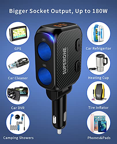 SUPERONE 180W Cigarette Lighter Splitter with 20W PD, 2-Socket Cigarette Lighter Adapter, Fast USB C Car Charger with Type-C 20W PD & QC 3.0 for Dash Cam, GPS, Laptop/iPad/iPhone 14/13/12/11/X/Samsung