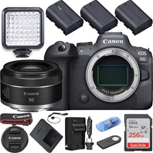 camera bundle for canon eos r6 mirrorless camera with rf 50mm f/1.8 stm lens, 3 batteries, led light, 256gb high speed memory card + accessories kit (renewed)
