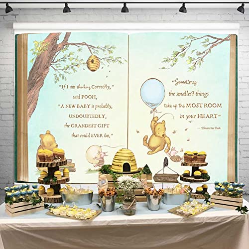 Claasic Pooh Bear Baby Shower Backdrop for Boy Retro Giant Book Spring Tree Vintage Background Newborn Quote Blue Yellow Tinge Banner 7x5 ft 136