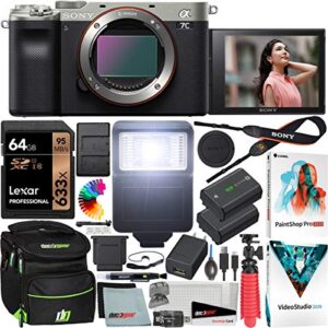 sony a7c mirrorless full frame camera alpha 7c interchangeable lens body only silver ilce7c/s bundle with deco gear case + extra battery + flash + filters + 64gb card + software kit and accessories