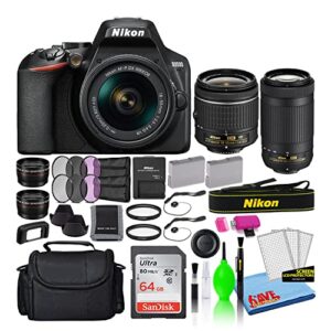 nikon d3500 24.2mp dslr digital camera with 18-55mm and 70-300mm lenses (1588) deluxe bundle with 64gb sd card + large camera bag + filter kit + spare battery + telephoto lens (renewed)