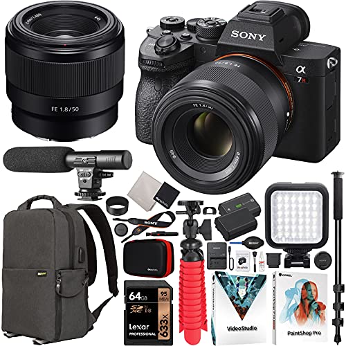 Sony a7R IV Mirrorless Full Frame Camera Body + 50mm F1.8 FE Fast E-Mount Lens SEL50F18F ILCE-7RM4A/B Bundle with Deco Gear Backpack + Microphone + LED + Monopod and Accessories Kit