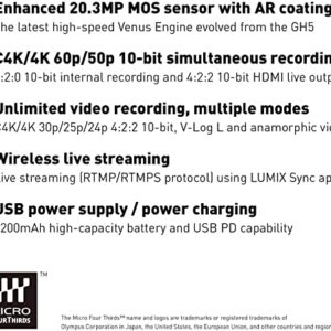 Panasonic LUMIX GH5M2, 20.3MP Mirrorless Micro Four Thirds Camera with Live Streaming, 4K 4:2:2 10-Bit Video, 5-Axis Image Stabilizer, 12-60mm F2.8-4.0 Lens with Rear Lens Cap, Gadget Bag & More