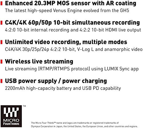 Panasonic LUMIX GH5M2, 20.3MP Mirrorless Micro Four Thirds Camera with Live Streaming, 4K 4:2:2 10-Bit Video, 5-Axis Image Stabilizer, 12-60mm F2.8-4.0 Lens with Rear Lens Cap, Gadget Bag & More