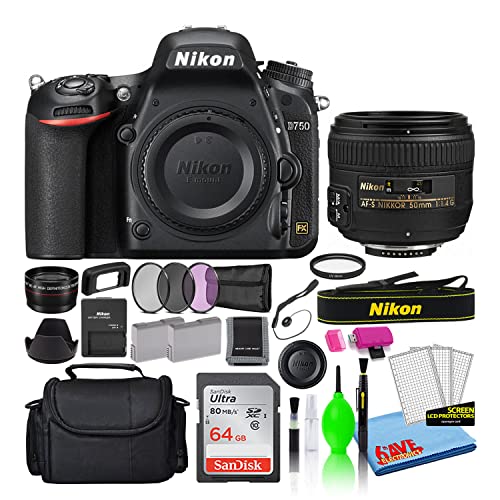 Nikon D750 24.3MP DSLR Digital Camera with AF-S 50mm f/1.4G Lens (1543) Deluxe Bundle with 64GB SD Card + Large Camera Bag + Filter Kit + Spare Battery + Telephoto Lens (Renewed)