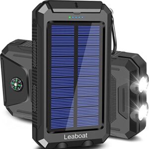 solar charger, leaboat 20000mah portable outdoor waterproof solar power bank, camping external backup battery pack dual 5v usb ports output, 2 led light flashlight with compass (black)
