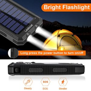 Solar Charger, Leaboat 20000mAh Portable Outdoor Waterproof Solar Power Bank, Camping External Backup Battery Pack Dual 5V USB Ports Output, 2 Led Light Flashlight with Compass (Black)
