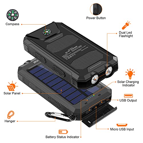 Solar Charger, Leaboat 20000mAh Portable Outdoor Waterproof Solar Power Bank, Camping External Backup Battery Pack Dual 5V USB Ports Output, 2 Led Light Flashlight with Compass (Black)