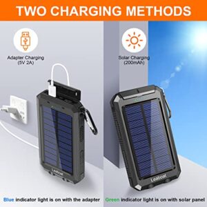 Solar Charger, Leaboat 20000mAh Portable Outdoor Waterproof Solar Power Bank, Camping External Backup Battery Pack Dual 5V USB Ports Output, 2 Led Light Flashlight with Compass (Black)