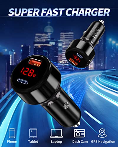 65W Car Fast Charger USB C Power Adapter with Voltage Display& PD3.0/QC 4.0/PPS 45W Super Quick Charge Type C Cigarette Lighter Plug for iPhone 14/13/12, Samsung S23/S22/S21 Ultra, iPad Pro, and More