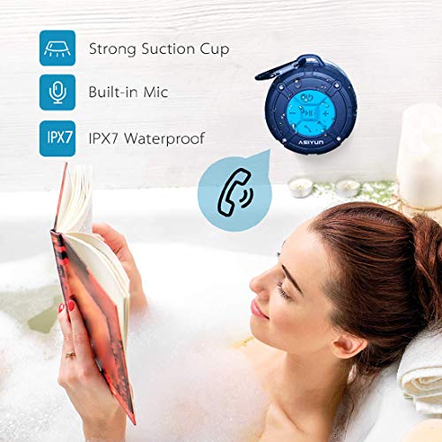 ASIYUN Shower Speaker, IPX7 Waterproof Bluetooth Speaker, Loud HD Sound, Portable Wireless Speaker with Suction Cup & Sturdy Hook, Built-in Mic, for Shower, Pool, Beach, Outdoor(Blue)