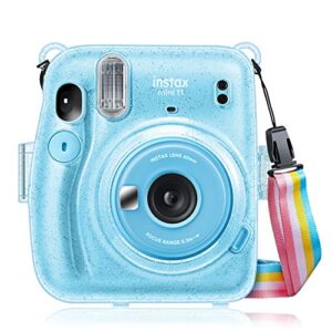 fintie protective clear case for fujifilm instax mini 11 instant film camera – crystal hard shell cover with removable rainbow shoulder strap, glittering blue