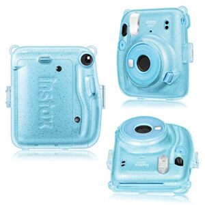 Fintie Protective Clear Case for Fujifilm Instax Mini 11 Instant Film Camera - Crystal Hard Shell Cover with Removable Rainbow Shoulder Strap, Glittering Blue