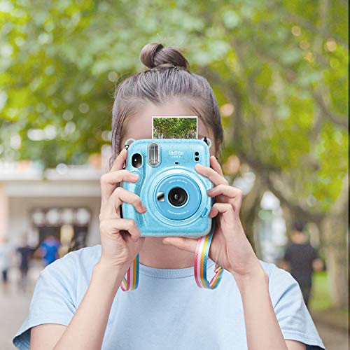 Fintie Protective Clear Case for Fujifilm Instax Mini 11 Instant Film Camera - Crystal Hard Shell Cover with Removable Rainbow Shoulder Strap, Glittering Blue