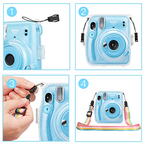 Fintie Protective Clear Case for Fujifilm Instax Mini 11 Instant Film Camera - Crystal Hard Shell Cover with Removable Rainbow Shoulder Strap, Glittering Blue