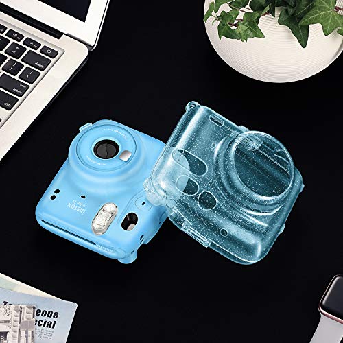 Fintie Protective Clear Case for Fujifilm Instax Mini 11 Instant Film Camera - Crystal Hard Shell Cover with Removable Rainbow Shoulder Strap, Glittering Blue