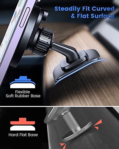 OQTIQ for MagSafe Car Mount Magnetic Phone Holder for Car Dash Mount Phone Holder Fit Curved Surface Flexible Rotation Compatible with iPhone 14 13 12 Pro Max Plus Mini, MagSafe Case, All Cellphones