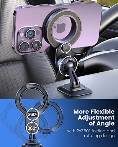 OQTIQ for MagSafe Car Mount Magnetic Phone Holder for Car Dash Mount Phone Holder Fit Curved Surface Flexible Rotation Compatible with iPhone 14 13 12 Pro Max Plus Mini, MagSafe Case, All Cellphones