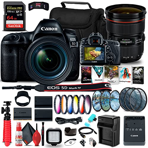 Canon EOS 5D Mark IV DSLR Camera with 24-70mm f/4L Lens (1483C018) + Canon EF 24-70mm f/2.8L II USM Lens (5175B002) + 64GB Memory Card + Color Filter Kit + 2 x LPE6 Battery + More (Renewed)