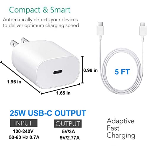 Samsung USB-C Super Fast Charging Wall Charger-25W PD Charger Adapter with Type-C Cable(5ft) for Samsung Galaxy S22/S22 Ultra/S22+/S21/S21+/S21 Ultra/S20/S20+/S20 Ultra/Note 20 Ultra（White）