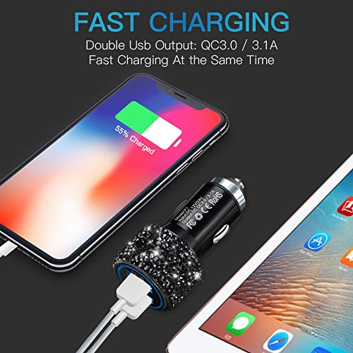 Dual USB Car Charger Quick Charge 3.0 Car Adapter Car Decorations Bling Fast Charging Charger Compatible for iPhone 11/11pro/ MAX/XS/XR/X/10, iPad, Samsung S10/S10+/S9, Google Pixel 4/4 XL etc