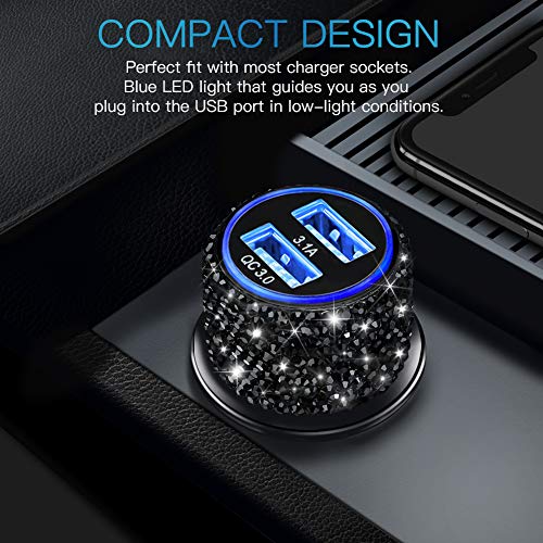 Dual USB Car Charger Quick Charge 3.0 Car Adapter Car Decorations Bling Fast Charging Charger Compatible for iPhone 11/11pro/ MAX/XS/XR/X/10, iPad, Samsung S10/S10+/S9, Google Pixel 4/4 XL etc