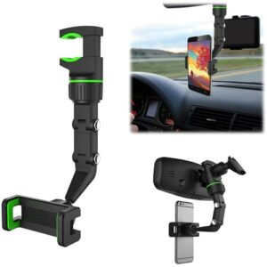360° multifunctional rearview mirror phone holder – rearview mirror phone mount, smartphone stand and vehicle back seat mobile phone holder compatible with all cell phones (1 pack – green)