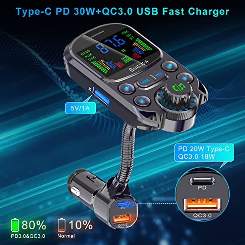 BANIGIPA Upgraded 5.3 Bluetooth FM Transmitter for Car, Hands-Free Wireless Car Stereo Adapter w/ 1.5" Color LCD, 30W USB C PD QC3.0 Fast Charger, 4 Music Play Modes, HiFi BASS&TRE, U Disk/TF/AUX