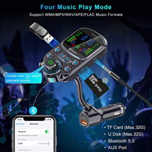 BANIGIPA Upgraded 5.3 Bluetooth FM Transmitter for Car, Hands-Free Wireless Car Stereo Adapter w/ 1.5" Color LCD, 30W USB C PD QC3.0 Fast Charger, 4 Music Play Modes, HiFi BASS&TRE, U Disk/TF/AUX