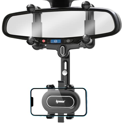 IPOW Large Rearview Mirror Phone Holder for Car 360°Rotatable and Retractable, 2022 Upgraded Four Corners Fixed Anti-Shake Multifunctional Design for All Phones and All Car Rearview Mirror with Button