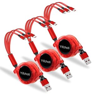 yifchoti 3 pack 3 in 1 multi usb retractable charger cable,fast multiple charging cord adapter with ip/usb-c/micro-usb port adapter, compatible with cell phones tablets universal use