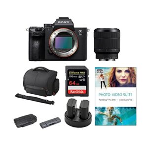 sony alpha a7 iii 24.2mp mirrorless digital camera with 28-70mm lens bundle with video suite, camera system case, memory card, battery (2-pack) and dual charger, card reader, and case (6 items)