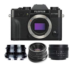 fujifilm x-t30 4k 26.1mp mirrorless digital camera body (black) + 25mm, 50mm & 35mm 7artisans prime lens bundle