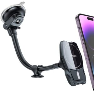 apps2car fit for magsafe car mount for iphone holder [17 n52 magnets] phone holder for car, suction cup 8in long arm magnetic phone mount for dashboard windshield for iphone 12/13/14 magsafe case
