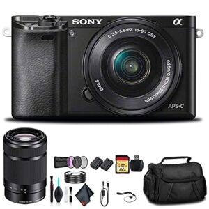 sony alpha a6000 mirrorless camera with 16-50mm and 55-210mm lenses ilce6000y/b with soft bag, tripod, additional battery, 64gb memory card, card reader, plus essential accessories