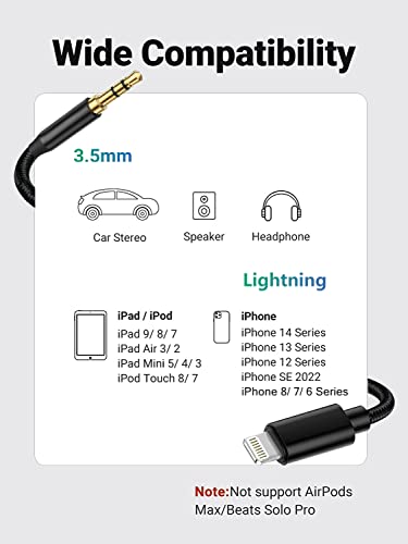 Lightning to 3.5mm Aux Cord, 3.3FT Weave Stereo Audio Cable for iPhone, Compatible with iPhone 14 13 12 11 XS XR X 8 7 6 iPad iPod for Car Home Stereo, Speaker, Headphone, Support All iOS Version