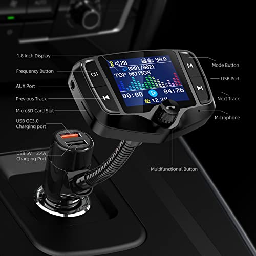 Nulaxy Bluetooth FM Transmitter, Wireless Radio Adapter Hands-Free Car Kit with 1.8 Inch Display, QC 3.0 & 5V/2.4A, USB Drive & SD Card Aux in & Out