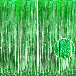 braveshine green glitter tinsel foil fringe curtains – 2 pack 3.2 x 8.2 ft metallic photo backdrop for st patricks day tropical hawaiian jungle safari dinosaur birthday christmas party decorations
