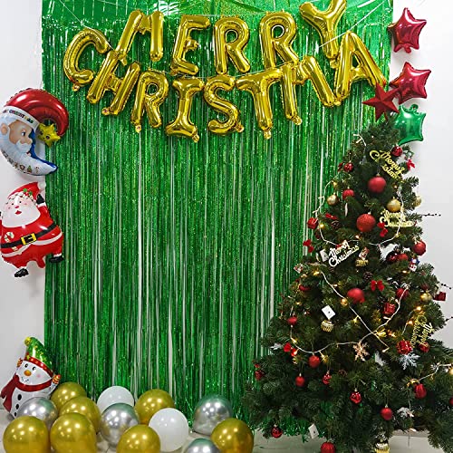 BRAVESHINE Green Glitter Tinsel Foil Fringe Curtains - 2 Pack 3.2 x 8.2 ft Metallic Photo Backdrop for St Patricks Day Tropical Hawaiian Jungle Safari Dinosaur Birthday Christmas Party Decorations