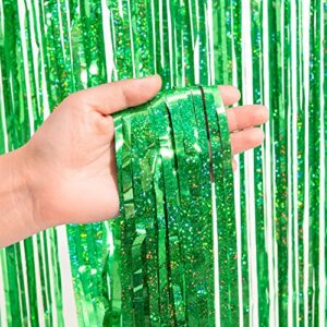 BRAVESHINE Green Glitter Tinsel Foil Fringe Curtains - 2 Pack 3.2 x 8.2 ft Metallic Photo Backdrop for St Patricks Day Tropical Hawaiian Jungle Safari Dinosaur Birthday Christmas Party Decorations