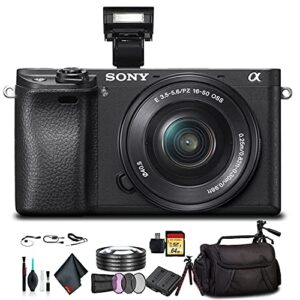 sony alpha a6300 mirrorless camera with 16-50mm lens black ilce6300l/b with soft bag, lens filters, tripod, additional battery, 64gb memory card, card reader, plus essential accessories