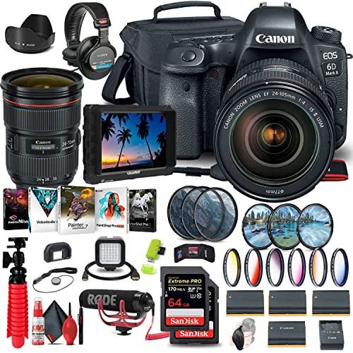 Canon EOS 6D Mark II DSLR Camera with 24-105mm f/4L II Lens (1897C009) + 4K Monitor + Canon EF 24-70mm Lens + Pro Mic + Pro Headphones + 2 x 64GB Memory Card + Color Filter Kit + Case + More (Renewed)