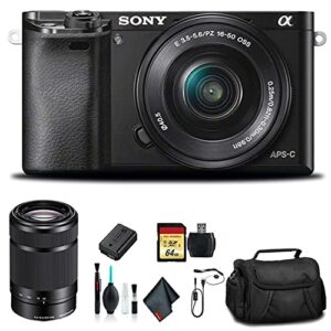 sony alpha a6000 mirrorless camera with 16-50mm and 55-210mm lenses ilce6000y/b with soft bag, additional battery, 64gb memory card, card reader, plus essential accessories