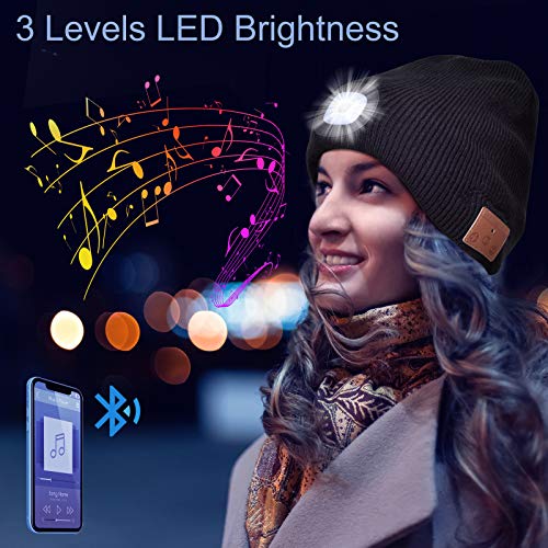 ASIILOVI Bluetooth Beanie LED Headlamp, Bluetooth 5.0 Winter Warm Knit Hats Cap with Double Fleece Lined, Mic and HD Speakers, Gifts for Outdoors Family Christmas-Unisex Black