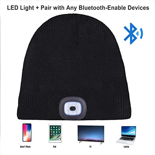 ASIILOVI Bluetooth Beanie LED Headlamp, Bluetooth 5.0 Winter Warm Knit Hats Cap with Double Fleece Lined, Mic and HD Speakers, Gifts for Outdoors Family Christmas-Unisex Black