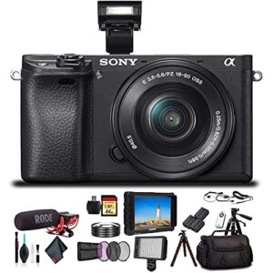 sony alpha a6300 mirrorless camera with 16-50mm lens black ilce6300l/b with bag, filters, 2x extra batteries, rode mic, led light, external hd monitor, 2x 64gb cards, plus essential accessories