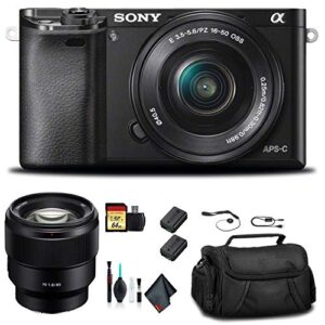 sony alpha a6000 mirrorless camera with 16-50mm and 55-210mm lenses ilce6000y/b fe 85mm lens, soft bag, additional battery, 64gb memory card, card reader, plus essential accessories