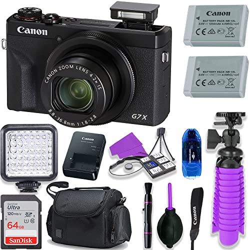 Camera Bundle for Canon PowerShot G7 X Mark III Digital Point and Shoot Camera + LED Light, Extra Battery, 64Gb High Speed Memory Card + Must Have Kit