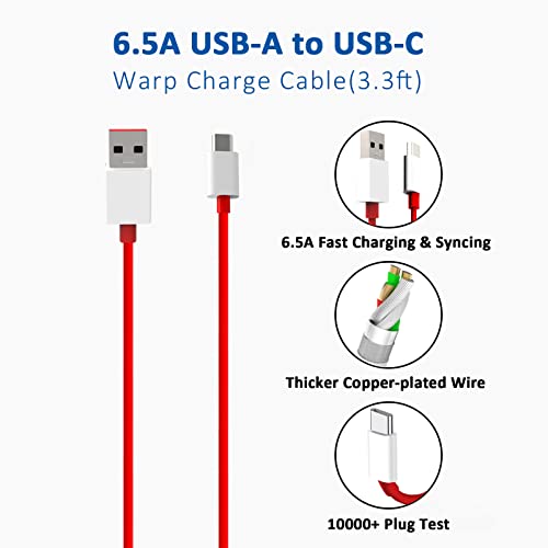 Warp Charger 65W for OnePlus 9R/9RT 5G/9/9 Pro, OnePlus Charger Warp Charge for OnePlus Nord 2 5G/8T/8T+ 5G,USB Wall Plug Block Replacement with Warp Charging USB A to C Cable（3.3ft）